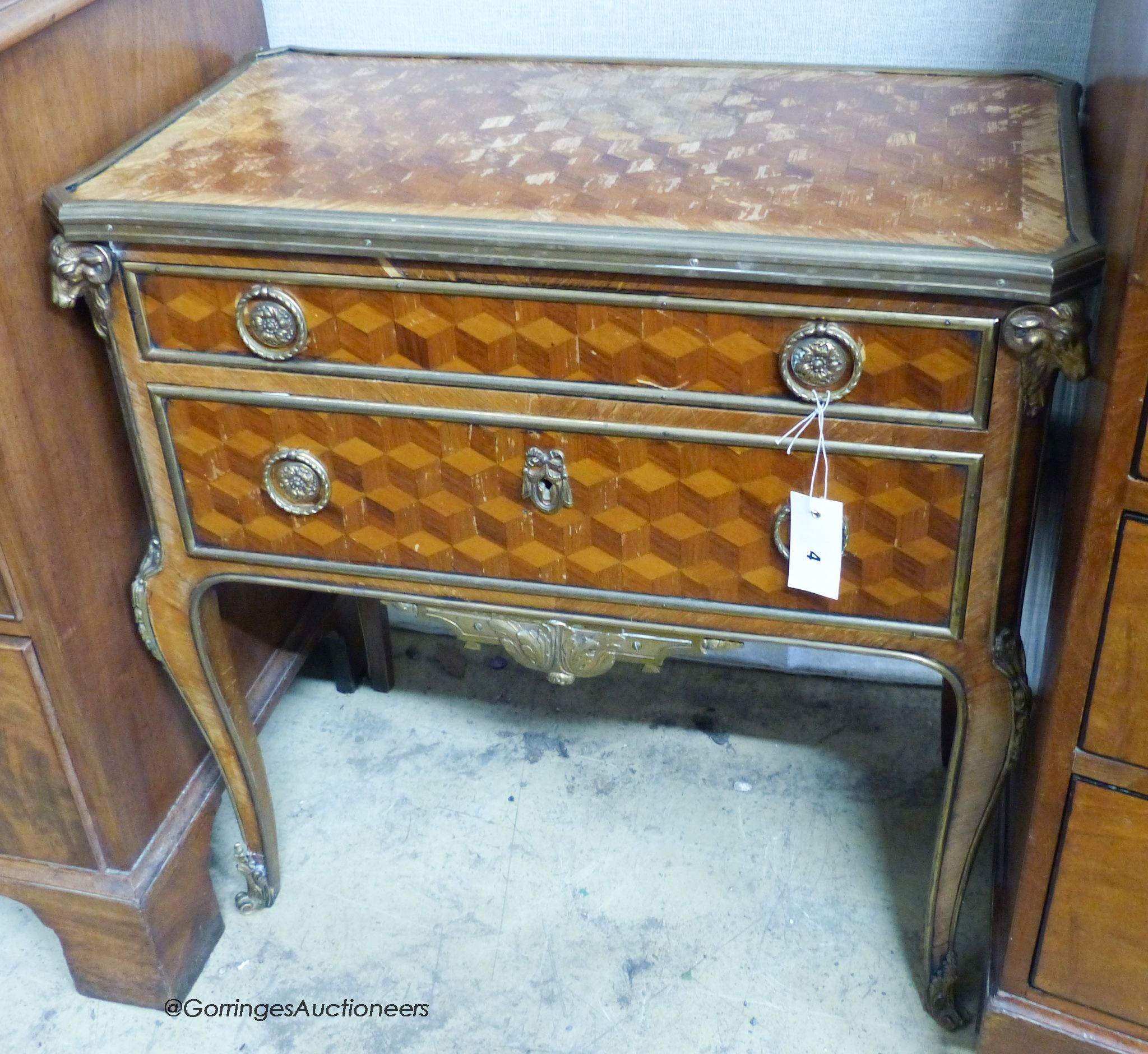 A French transitional style parquetry inlaid two drawer chest, width 65cm, depth 36cm, height 68cm